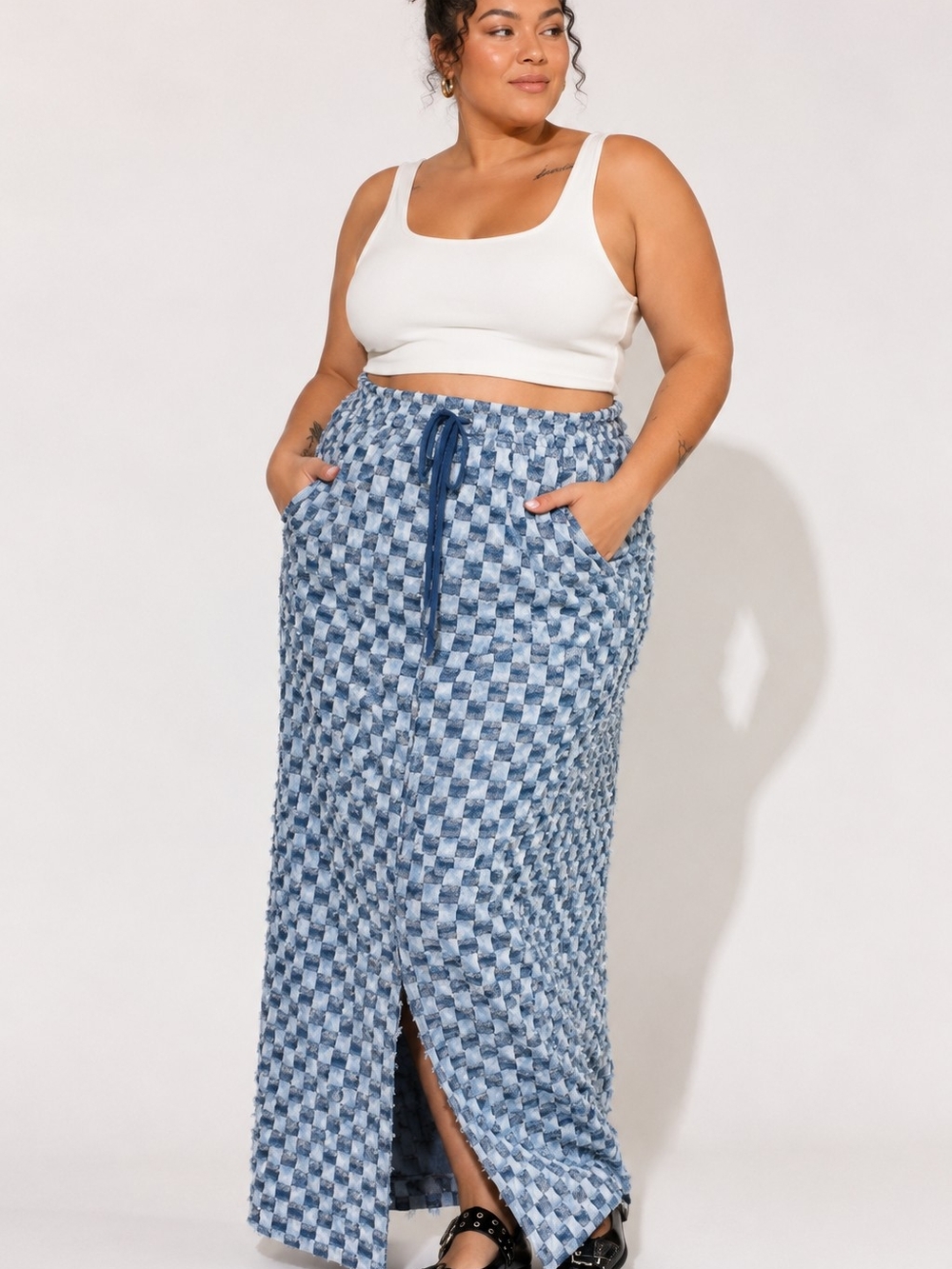 Dressed in LALA Blue Checkered Drawstring Maxi Skirt